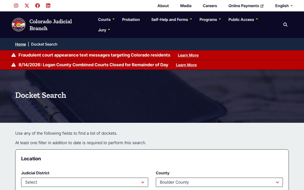 Boulder County court docket search results