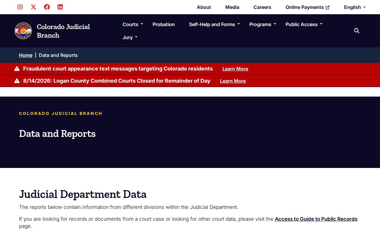 Colorado Judicial Branch data and reports page related to court calendar operations
